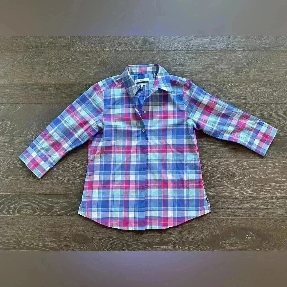 Foxcroft by Appleseeds Long Sleeve Plaid Button Wrinkle Free Shaped Shirt Womens